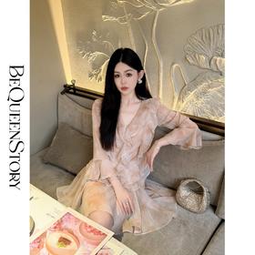 BeQueenStory【焦糖玛奇朵】荷叶边晕染雪纺V领收腰开衫&短裙裤套装