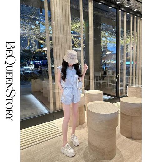 BeQueenStory【少女图鉴】海魂风条纹设计感蝴蝶结马甲休闲短裤套装 商品图3