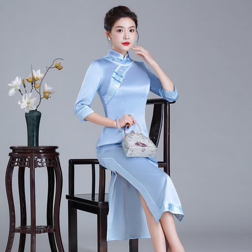 HYX新中式国风旗袍连衣裙2024夏季新款名媛气质醋酸提花收腰显瘦裙子 商品图0