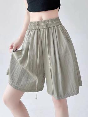 新品女裤-806肌理感薄款五分松紧腰阔腿短裤-喜出