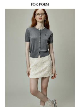 ForPoem 现货 24/SS莱赛尔亮片短袖针织开衫女花朵刺绣短款针织衫上衣