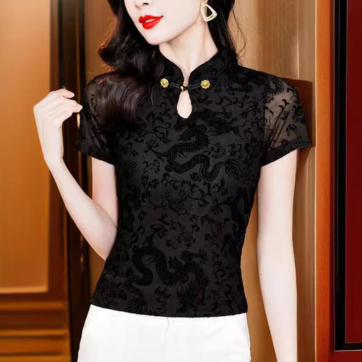KQLE37M27652024夏新款复古国风百搭黑色植绒修身显瘦短袖网纱上衣t恤批发 商品图3