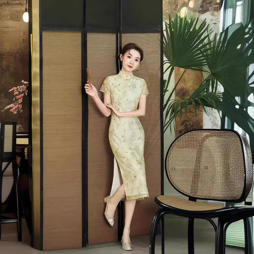 新中式改良旗袍裙绿色花纹开衩连衣裙GSJ880 商品图1
