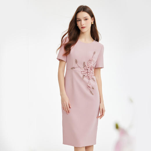 PF877斯尔丽2024新款宴会礼服着装立体手工装饰花收腰修身版型连衣裙 商品图0