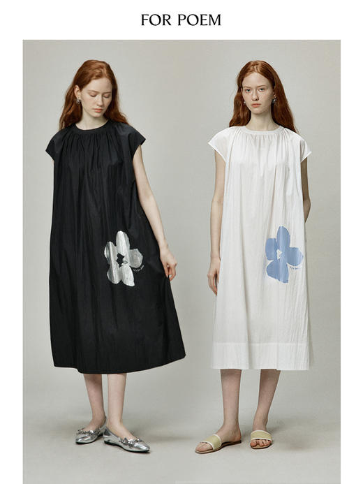 ForPoem 现货 24/SS夏季花朵系列休闲圆领短袖宽松烫金花朵连衣裙 商品图0