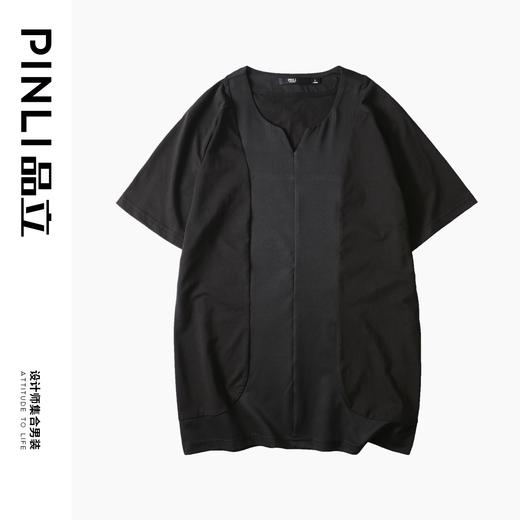 PINLI品立2024夏季新款修身V领短袖T恤拼接潮牌男士休闲体恤上衣B242111097 商品图3