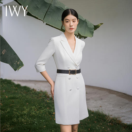 IWY/白色七分袖连衣裙女修身夏短袖西装裙时尚商务修身正式场合裙	 Q14096 商品图0