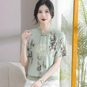 FCY-8616夏季新中式国风短袖t恤女新款夏装印花妈妈装短款上衣
