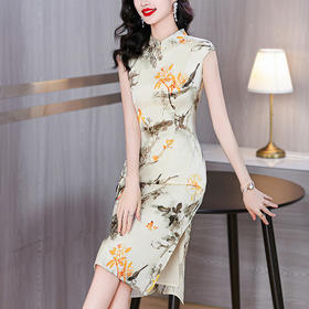 AHM-9627新中式国风改良旗袍裙夏季新款时尚印花盖袖复古优雅连衣裙