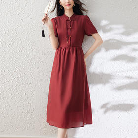 AHM-8732新中式立领盘扣喜庆中国红夏季新款时尚优雅收腰中长裙
