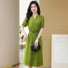 FCY-8099洋气装夏装绿色腰带连衣裙夏季长裙过膝女装遮肚子气质大码裙子