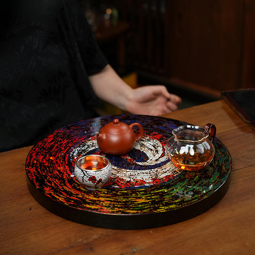 林华原创大漆太极干泡盘圆形托盘木盘子漆器大漆茶盘隔热干泡台壶垫 商品图1