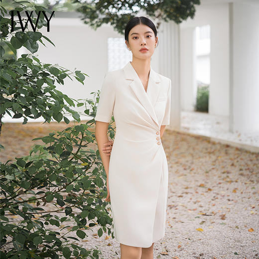 IWY/夏季杏色短袖连衣裙女西装裙优雅职场设计感女神范商务裙Q13210 商品图1