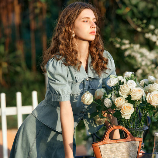 OLrain欧芮儿蓝色时尚套装女夏季2024年新款法式复古牛仔两件套 商品图1