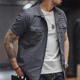 马登工装 美式复古Toretto硬汉短袖衬衫深灰色翻领薄款衬衣男夏季