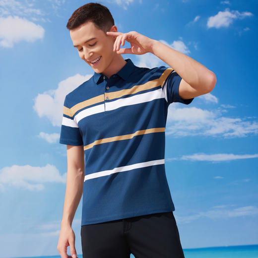 半身缘男装 夏季桑蚕丝莫代尔条纹百搭POLO衫252112M03912757 商品图3