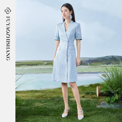 扶摇 夏季短袖连衣裙女国风盘扣西装裙高级感职场轻熟风女装 商品图1