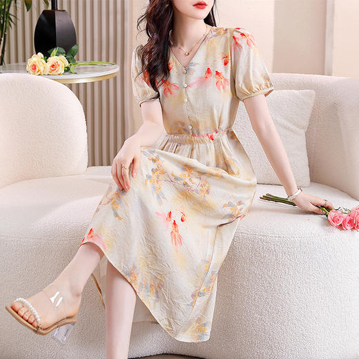 新中式短袖仿真丝印花系带连衣裙AHM-zmdm9641 商品图1