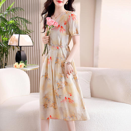 新中式短袖仿真丝印花系带连衣裙AHM-zmdm9641 商品图3