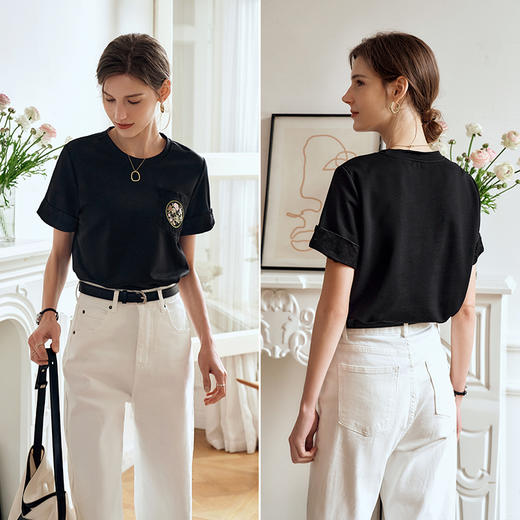 OLrain欧芮儿新中式黑色T恤女夏季2024年新款宽松刺绣短袖上衣 商品图4