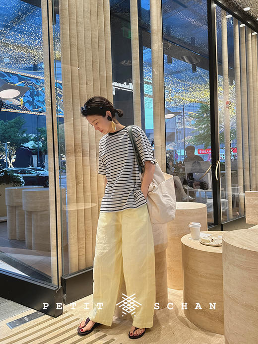 PETIT SCHAN小闪 CLO#081 Time Garden 时光花园 纯亚麻白/象牙白/柠檬黄纯亚麻松紧腰抽绳休闲长裤 商品图1