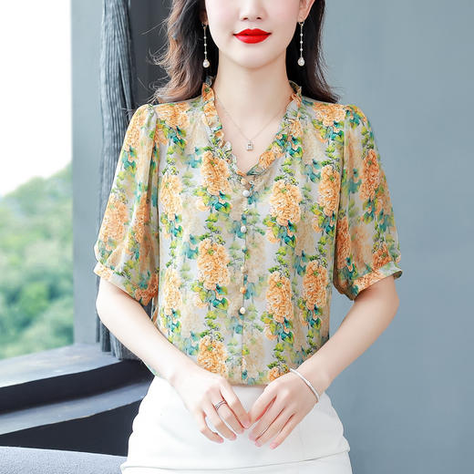 法式浪漫印花短袖小衫，花边褶皱V领T恤上衣AHM-myl579 商品图0