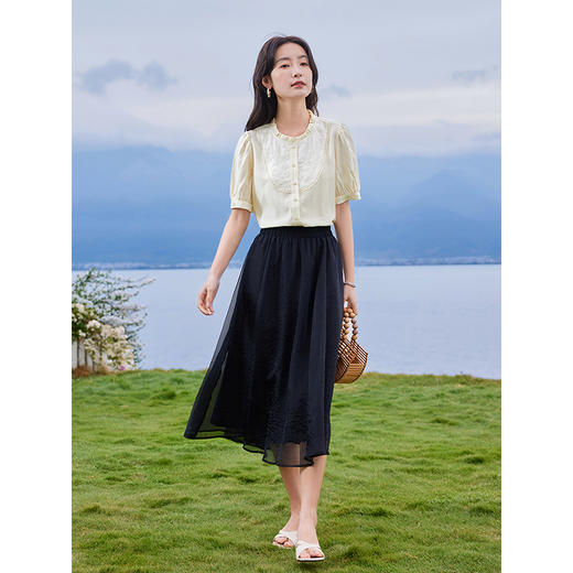 【专属特价】熙世界法式木耳边立领雪纺衫泡泡袖莱赛尔天丝上衣女2025夏季新款 商品图4