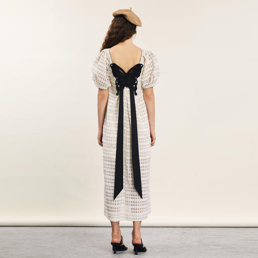 谜底A型连衣裙短袖女2024年夏款文艺风后背蝴蝶结中长裙242ML0616 商品图2