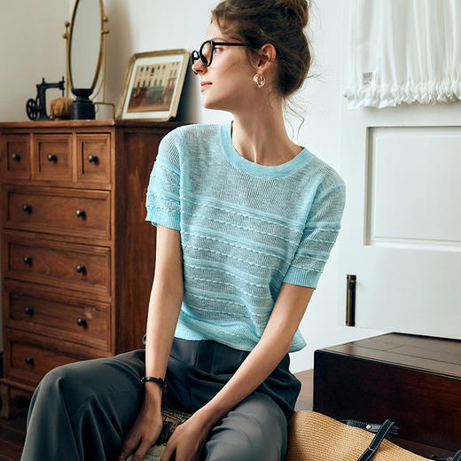 OLrain欧芮儿湖蓝色针织衫女夏季2024年新款通勤圆领宽松短袖上衣 商品图1