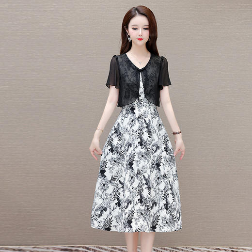 中长款假两件碎花时尚雪纺裙，荷叶袖修身气质国风连衣裙QYM- OMS-FQA426-L 商品图1