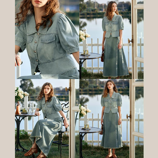 OLrain欧芮儿蓝色时尚套装女夏季2024年新款法式复古牛仔两件套 商品图2