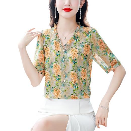 法式浪漫印花短袖小衫，花边褶皱V领T恤上衣AHM-myl579 商品图4