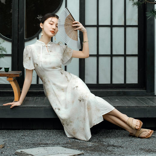 OLrain欧芮儿花色连衣裙女春季2024新款新中式国风显瘦水墨印花裙 商品图2