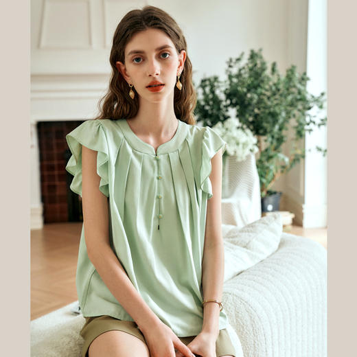 OLrain欧芮儿法式圆领衬衫女夏季2024新款设计感荷叶边小飞袖上衣 商品图1