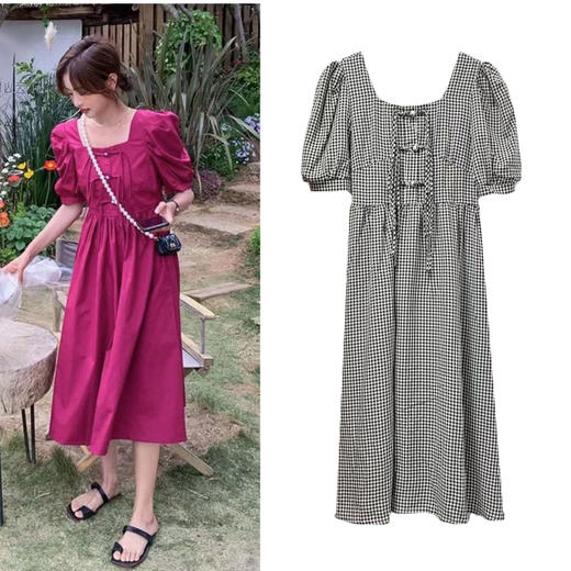 NO 退→样衣清仓（微瑕）！方领盘扣黑白格连衣裙—喜出 商品图0