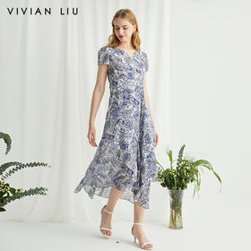 VIVIAN LIU薇薇安刘R2434101夏女装新款真丝印花腰部捏褶连衣裙