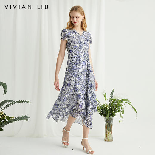 VIVIAN LIU薇薇安刘R2434101夏女装新款真丝印花腰部捏褶连衣裙 商品图0