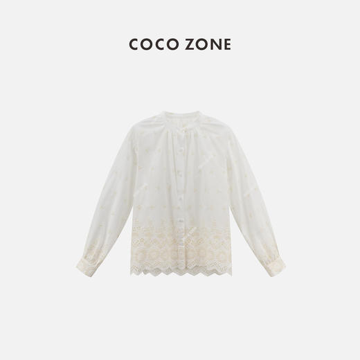 COCO ZONE“吉米”100棉夏季镂空立领衬衫简约单排扣长袖上衣CC1B1099 商品图0