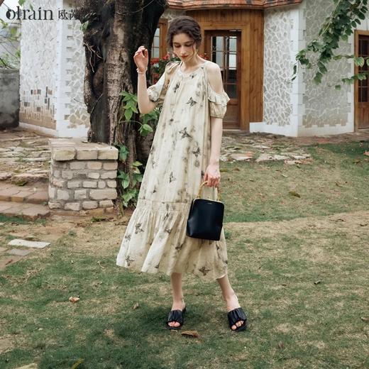 OLrain欧芮儿碎花连衣裙女夏季2024年新款水墨画气质慵懒风长裙 商品图0