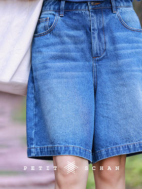 想自由 纯棉靛蓝染色丹宁牛仔中裤短裤