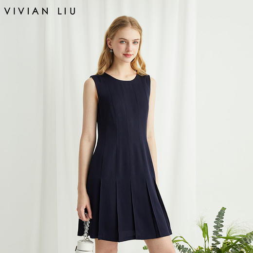 VIVIAN LIU薇薇安刘R2424107春女装新款圆领捏褶无袖中长连衣裙 商品图0