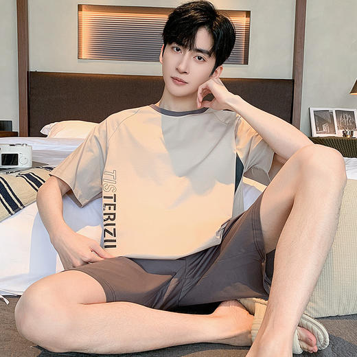 可外穿男士纯棉家居服套装 宽松短袖圆领短裤全棉睡衣家居服 商品图3