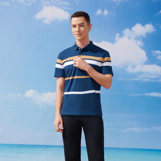 半身缘男装 夏季桑蚕丝莫代尔条纹百搭POLO衫252112M03912757 商品图1