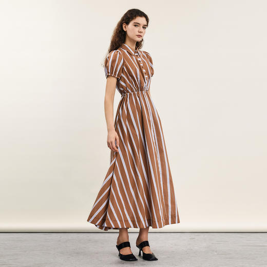 谜底条纹连衣裙短袖女2024年夏季新品复古风修身长裙子242ML0628 商品图1