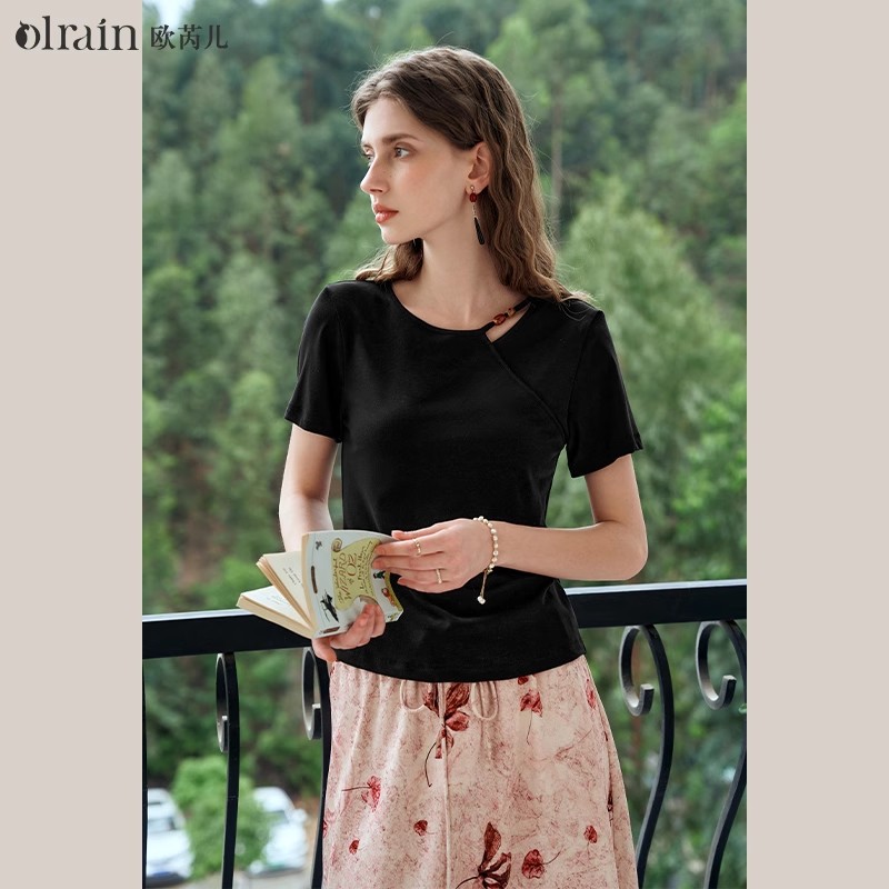OLrain欧芮儿黑色短袖T恤女夏季2024新款简约通勤设计感针织上衣