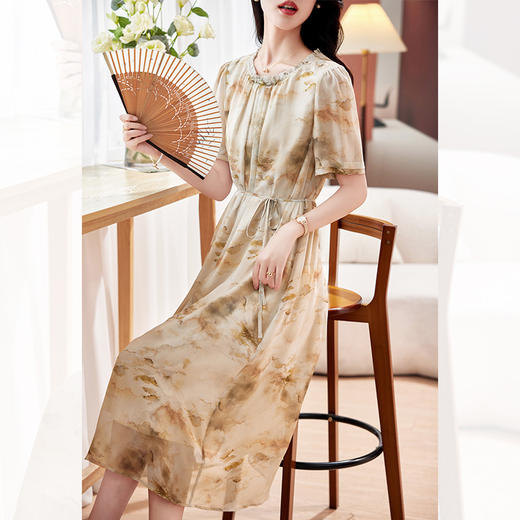 夏装印花桑蚕丝连衣裙，真丝裙子宽松显瘦长裙KQN-P09082 商品图0