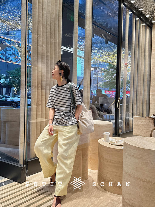 PETIT SCHAN小闪 CLO#081 Time Garden 时光花园 纯亚麻白/象牙白/柠檬黄纯亚麻松紧腰抽绳休闲长裤 商品图2