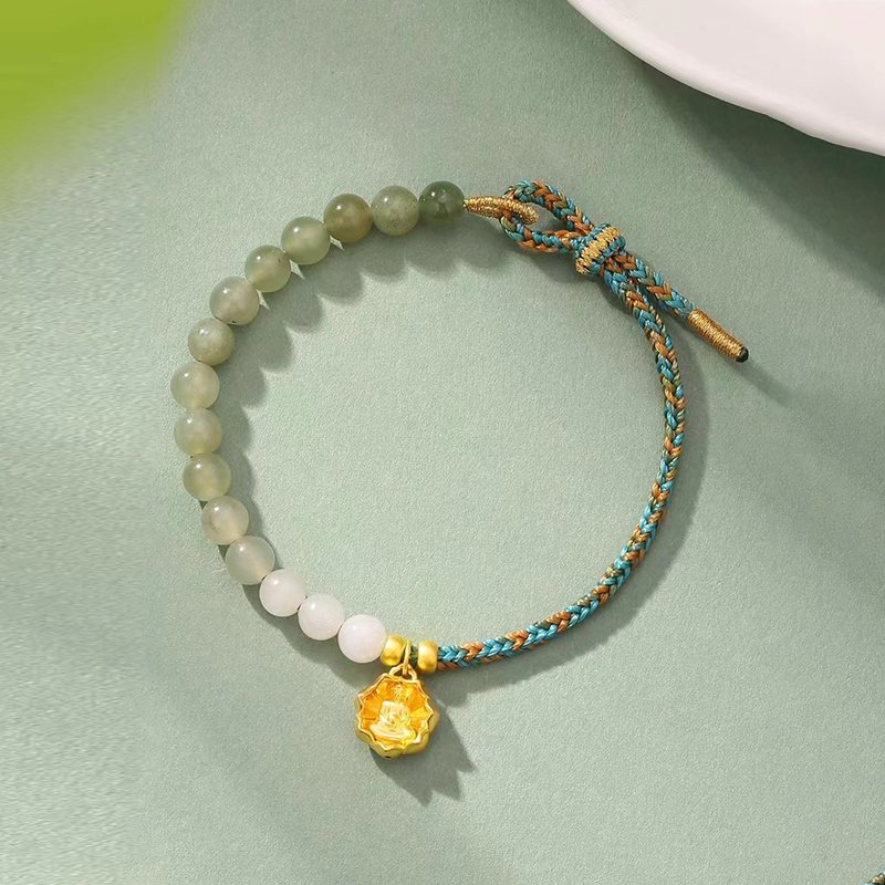 【宏艺珠宝】花开见佛  福寿安康无氢足金和田玉手串·足金手串