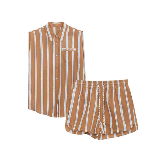 谜底套装女2024年夏季新品复古文艺风竖条纹衬衣+短裤242MTZ0505 商品图4