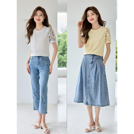 【专属特价】熙世界碎花雪纺短袖假两件针织圆领T恤女设计感上衣2025夏天新款 商品图3